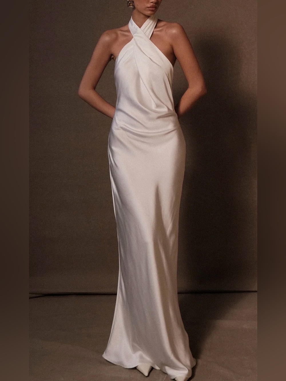 Meshki Ivory Satin Halter Gown